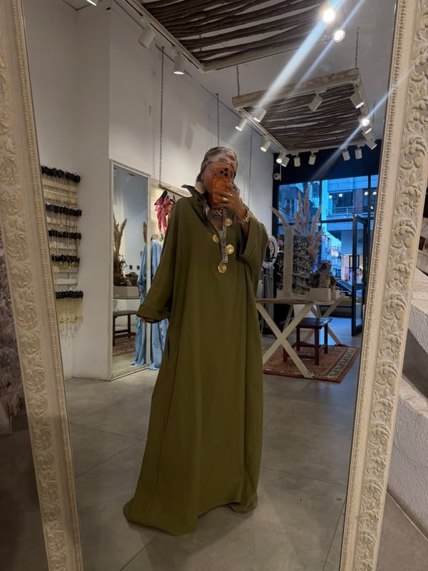 Yakalı Keten Yeşil Oversize Elbise