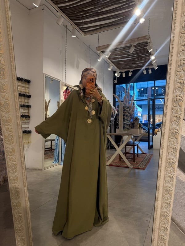 Yakalı Keten Yeşil Oversize Elbise