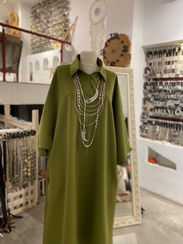 Yeşil Double Crep Yakalı Uzun Elbise