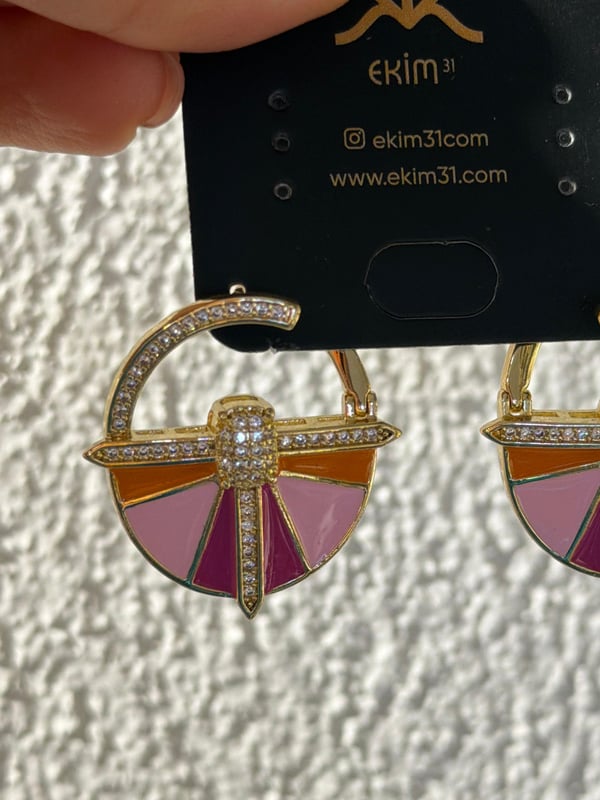 Zirkon Taşlı Pembe Detaylı Renkli Küpe 