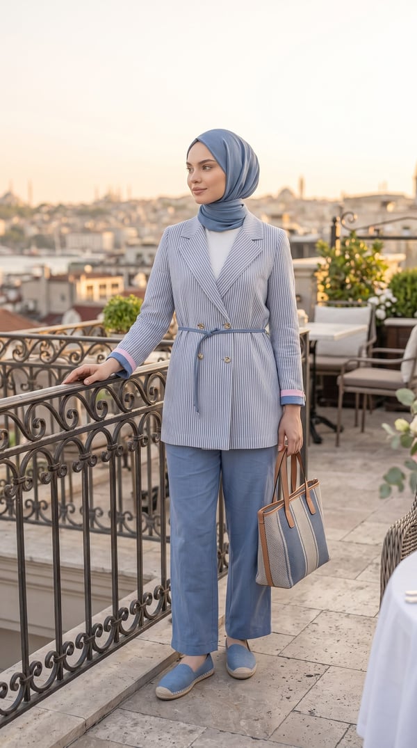 Çizgili Ceket & Düz Pantolon Takım