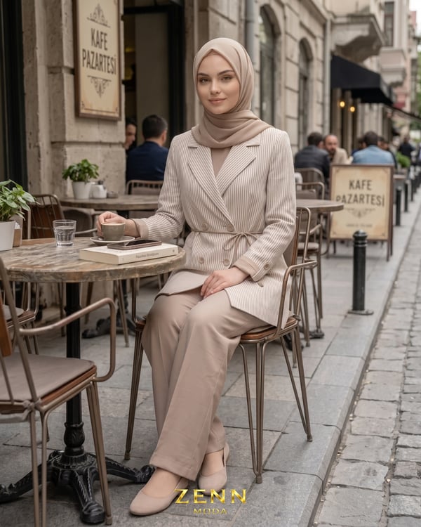 Çizgili Ceket & Düz Pantolon Takım