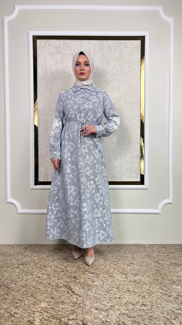 Kolları Dantelli Tam Boy Desenli Elbise 3231