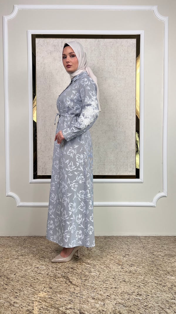 Kolları Dantelli Tam Boy Desenli Elbise 3231