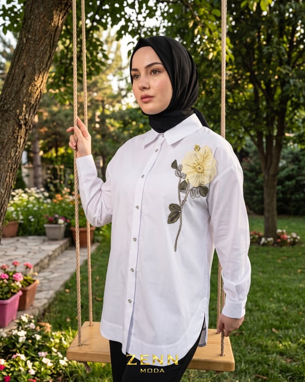 Nakış Çiçek İşlemeli Poplin Pamuk Gömlek