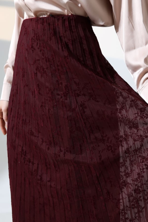 Bordo Piliseli Flog Baskılı Tül Etek
