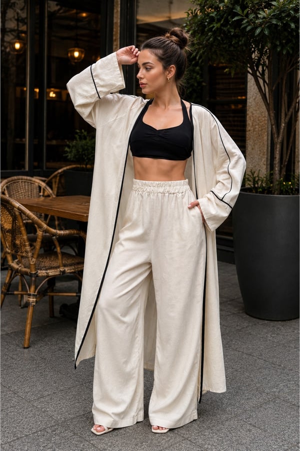 Kadın Ekru Keten Premium Kimono Pantolon Yazlık Takım (36-46)