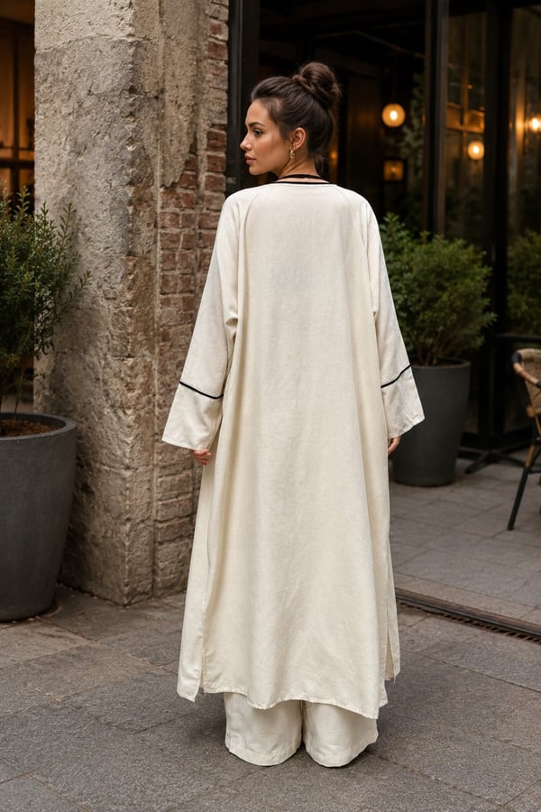 Kadın Ekru Keten Premium Kimono Pantolon Yazlık Takım (36-46)