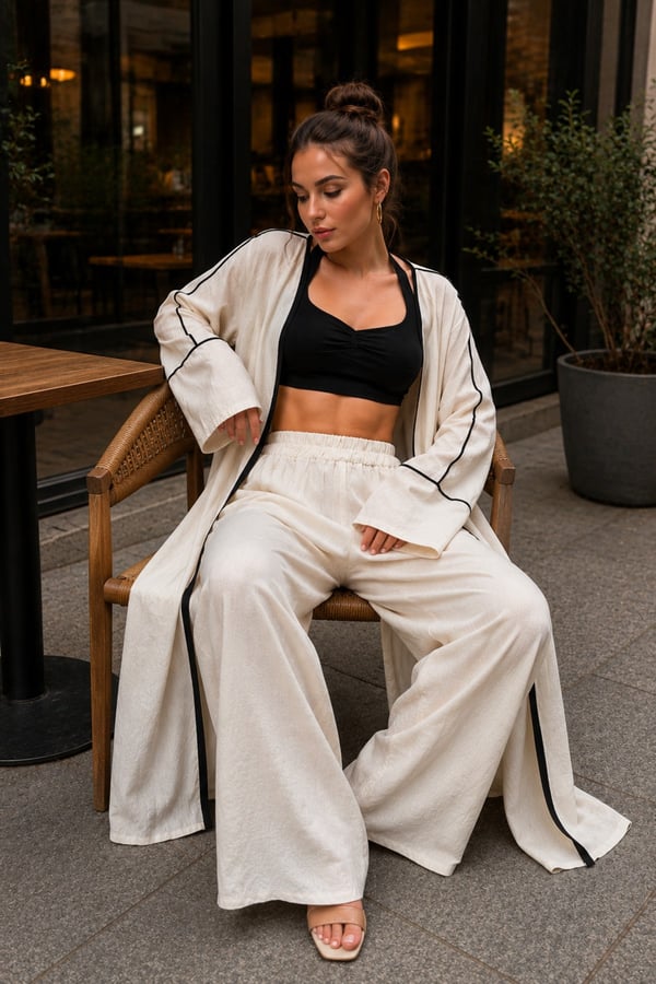 Kadın Ekru Keten Premium Kimono Pantolon Yazlık Takım (36-46)