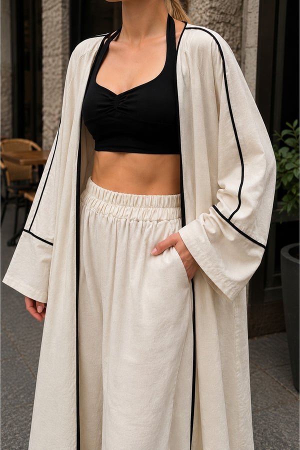 Kadın Ekru Keten Premium Kimono Pantolon Yazlık Takım (36-46)