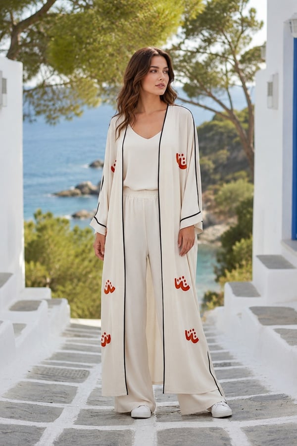 Kadın Premium Ekru Keten Nakışlı Kimono Pantolon Yazlık Takım (36-46)