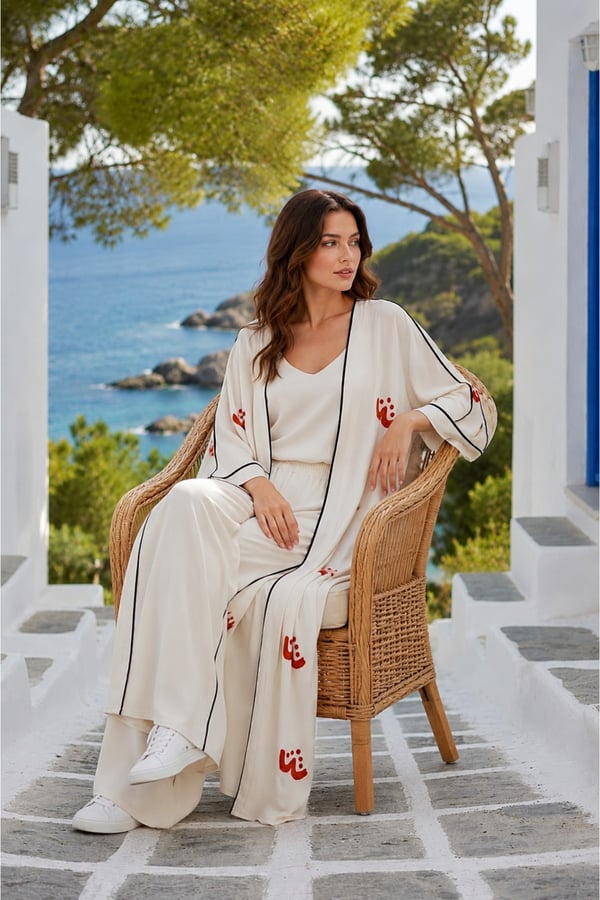Kadın Premium Ekru Keten Nakışlı Kimono Pantolon Yazlık Takım (36-46)