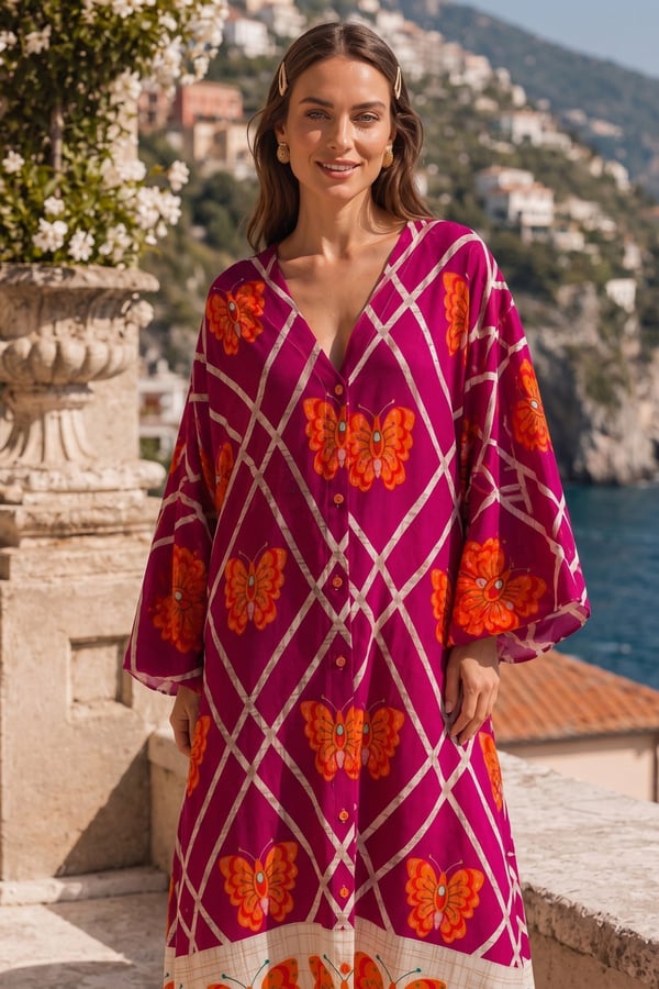 Kelebek Desen Boydan Düğmeli Oversize Elbise | One Size | STD Beden