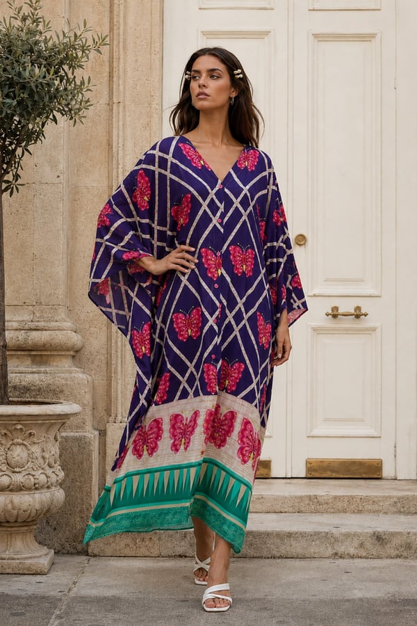Kelebek Desen Boydan Düğmeli Oversize Elbise | One Size | STD Beden