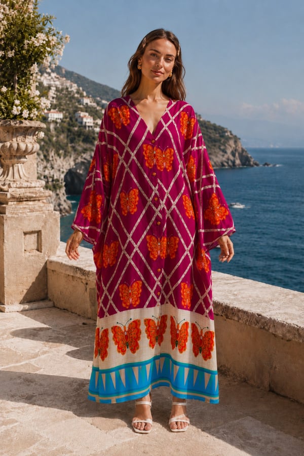 Kelebek Desen Boydan Düğmeli Oversize Elbise | One Size | STD Beden