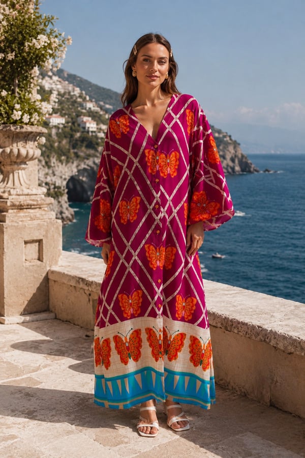Kelebek Desen Boydan Düğmeli Oversize Elbise | One Size | STD Beden