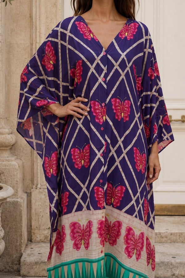 Kelebek Desen Boydan Düğmeli Oversize Elbise | One Size | STD Beden