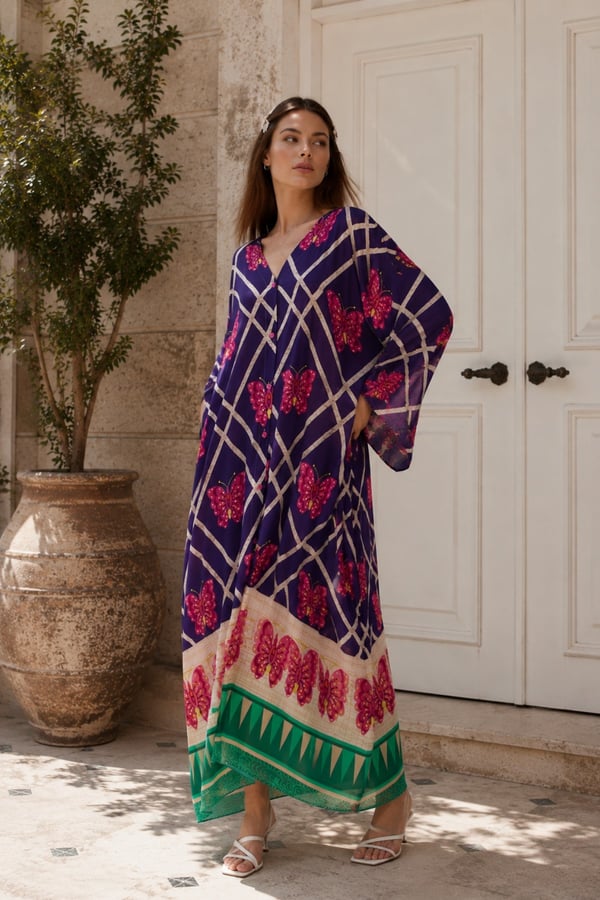 Kelebek Desen Boydan Düğmeli Oversize Elbise | One Size | STD Beden