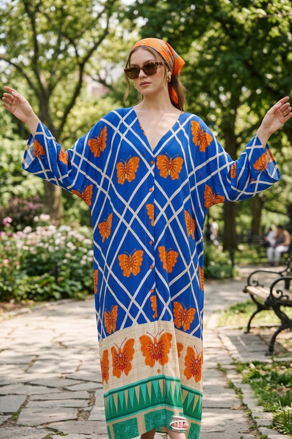 Kelebek Desen Boydan Düğmeli Oversize Elbise | One Size | STD Beden