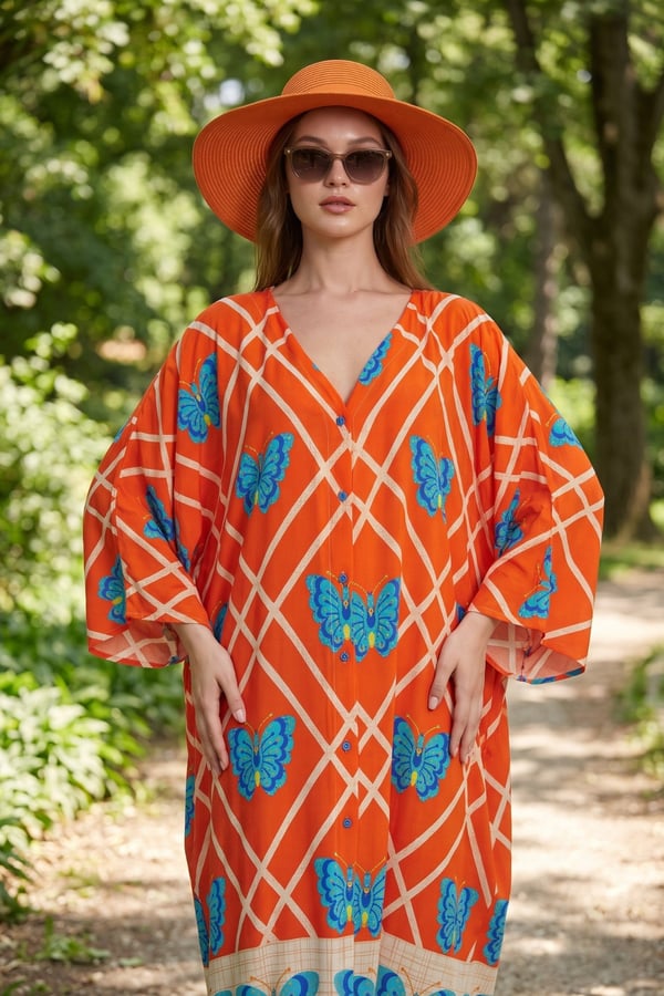 Kelebek Desen Boydan Düğmeli Oversize Elbise | One Size | STD Beden