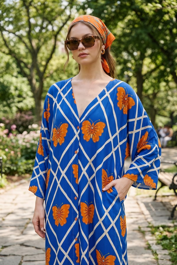 Kelebek Desen Boydan Düğmeli Oversize Elbise | One Size | STD Beden