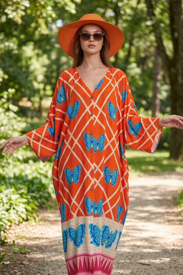 Kelebek Desen Boydan Düğmeli Oversize Elbise | One Size | STD Beden