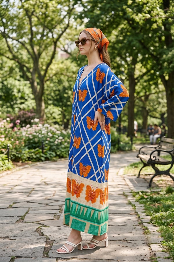Kelebek Desen Boydan Düğmeli Oversize Elbise | One Size | STD Beden