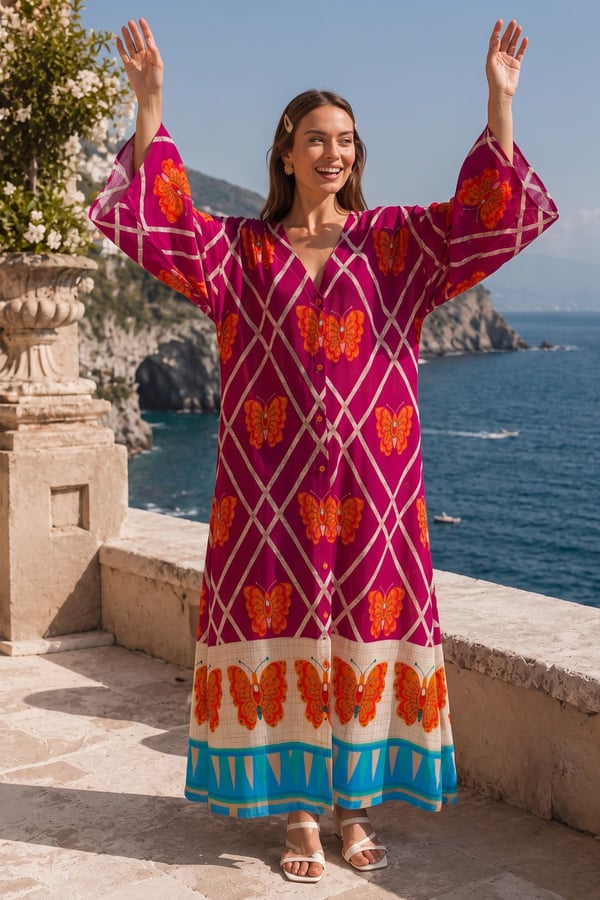 Kelebek Desen Boydan Düğmeli Oversize Elbise | One Size | STD Beden