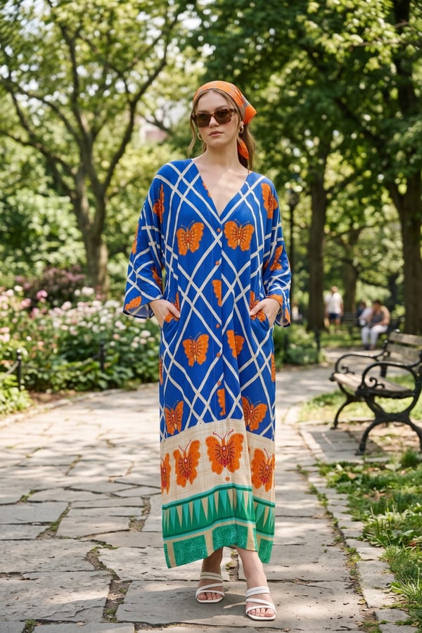 Kelebek Desen Boydan Düğmeli Oversize Elbise | One Size | STD Beden