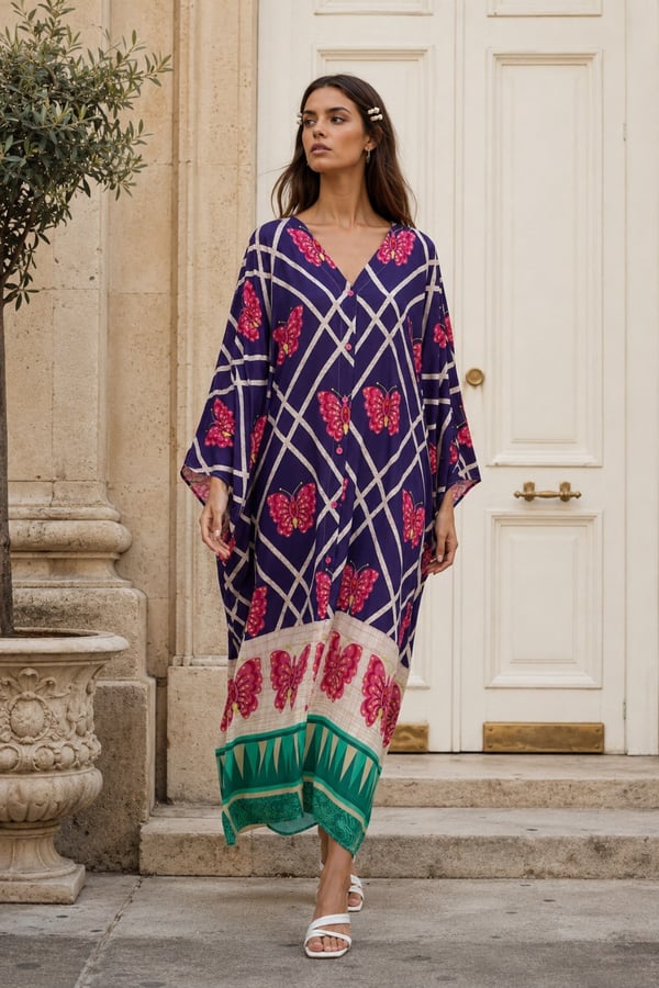 Kelebek Desen Boydan Düğmeli Oversize Elbise | One Size | STD Beden