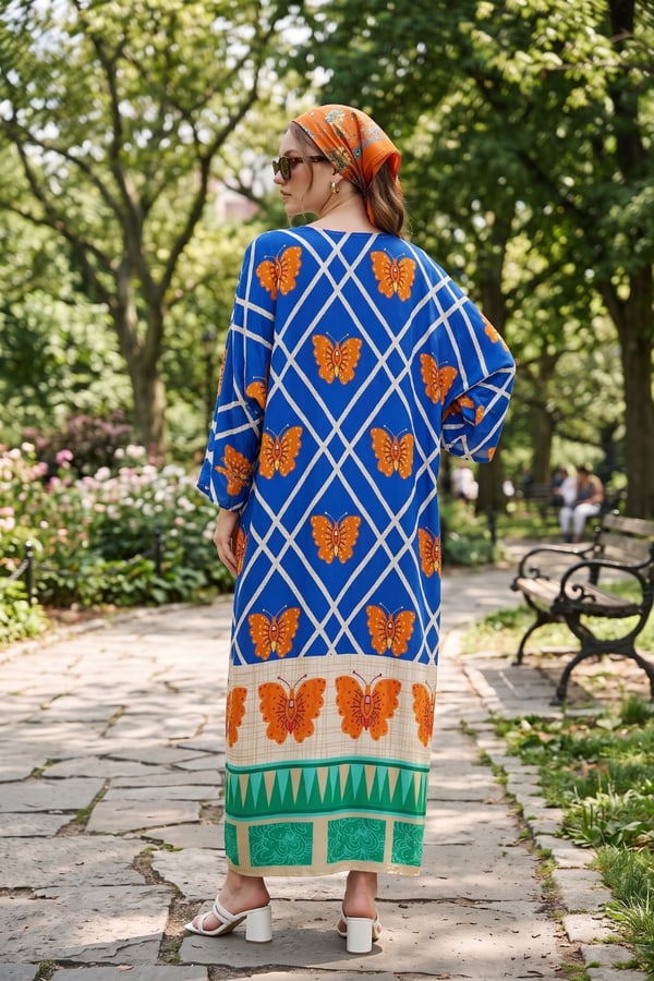 Kelebek Desen Boydan Düğmeli Oversize Elbise | One Size | STD Beden