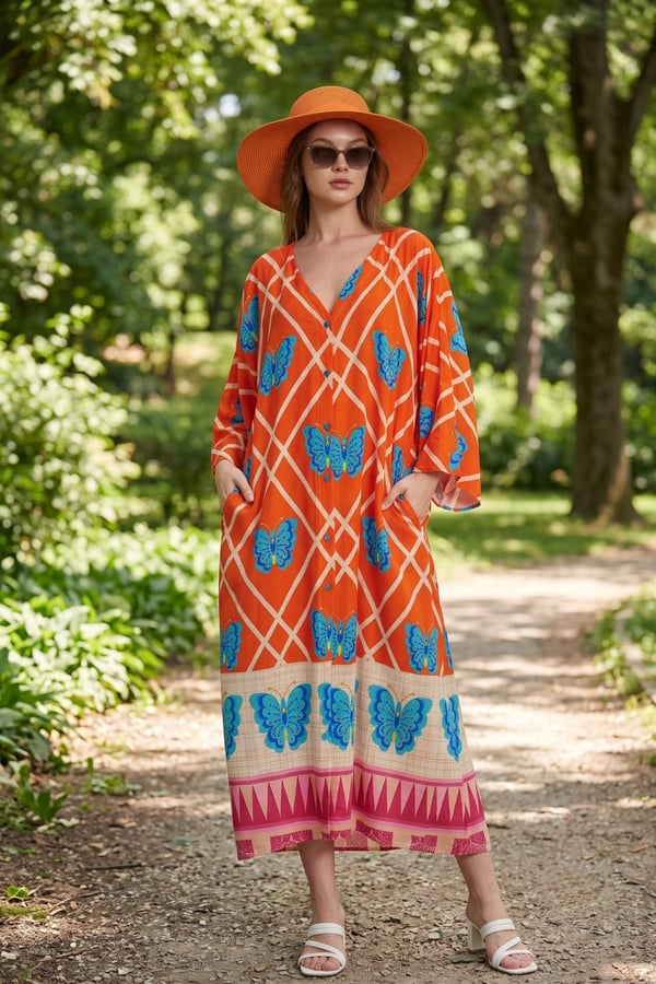 Kelebek Desen Boydan Düğmeli Oversize Elbise | One Size | STD Beden