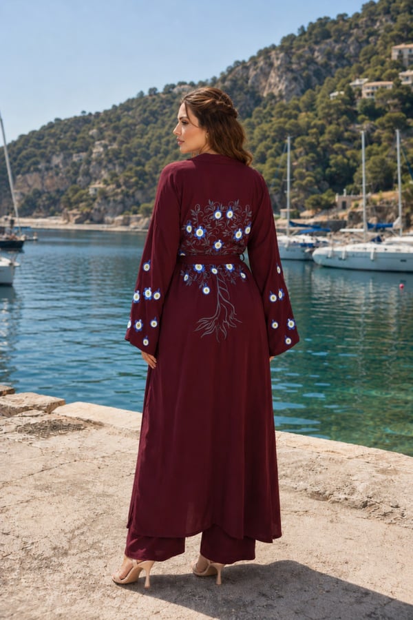 Premium Kadın Nazar Boncuk Desenli Kimono & Bol Paça Pantolon Takımı | One Size | STD Beden