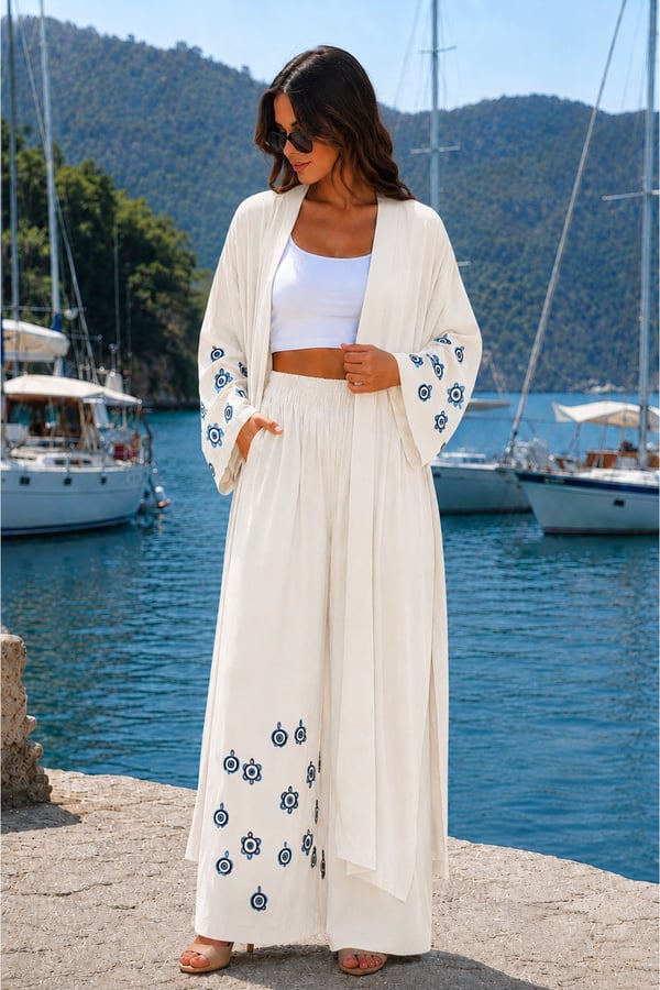Premium Kadın Nazar Boncuk Desenli Kimono & Bol Paça Pantolon Takımı | One Size | STD Beden