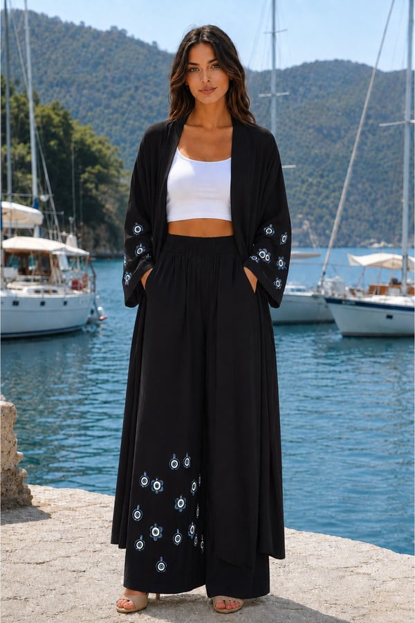Premium Kadın Nazar Boncuk Desenli Kimono & Bol Paça Pantolon Takımı | One Size | STD Beden