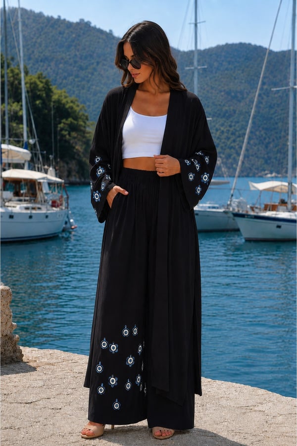 Premium Kadın Nazar Boncuk Desenli Kimono & Bol Paça Pantolon Takımı | One Size | STD Beden