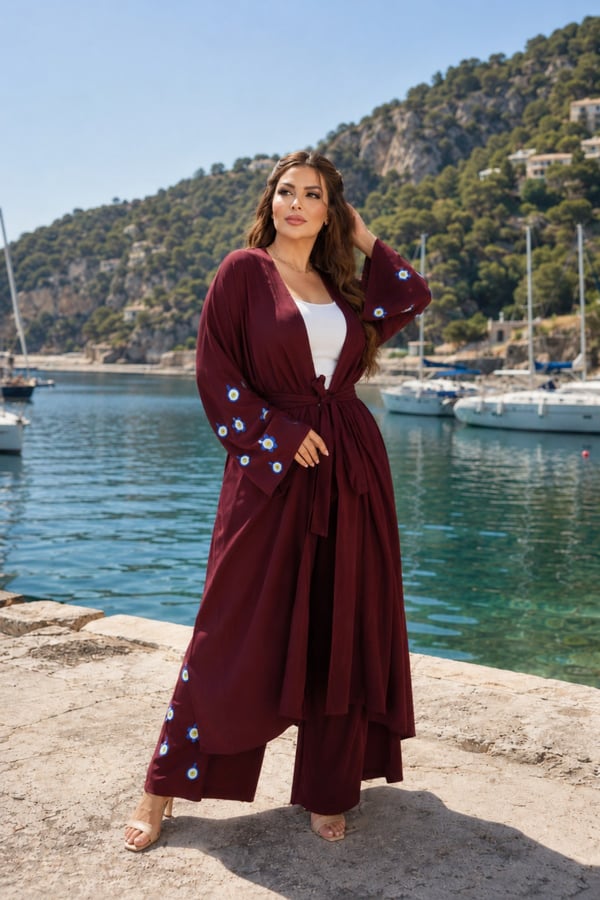 Premium Kadın Nazar Boncuk Desenli Kimono & Bol Paça Pantolon Takımı | One Size | STD Beden