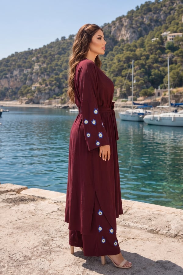Premium Kadın Nazar Boncuk Desenli Kimono & Bol Paça Pantolon Takımı | One Size | STD Beden