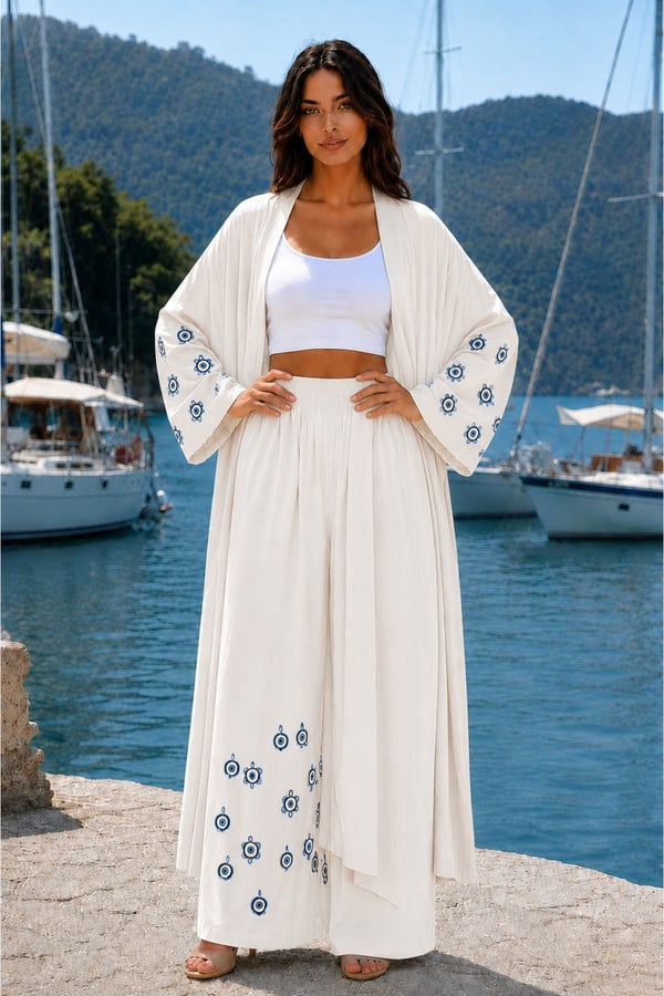 Premium Kadın Nazar Boncuk Desenli Kimono & Bol Paça Pantolon Takımı | One Size | STD Beden