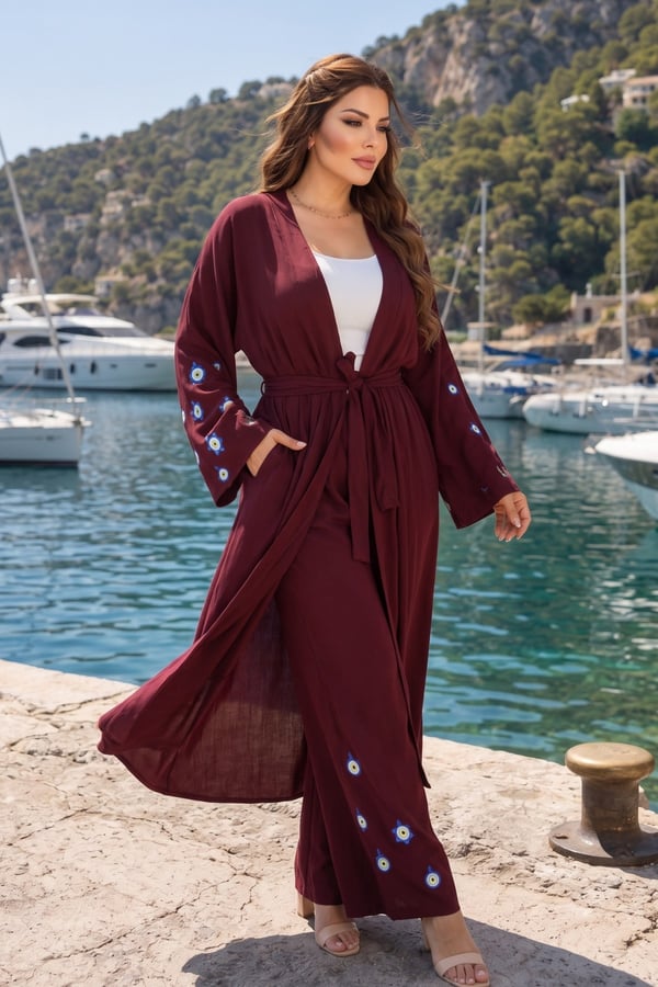 Premium Kadın Nazar Boncuk Desenli Kimono & Bol Paça Pantolon Takımı | One Size | STD Beden
