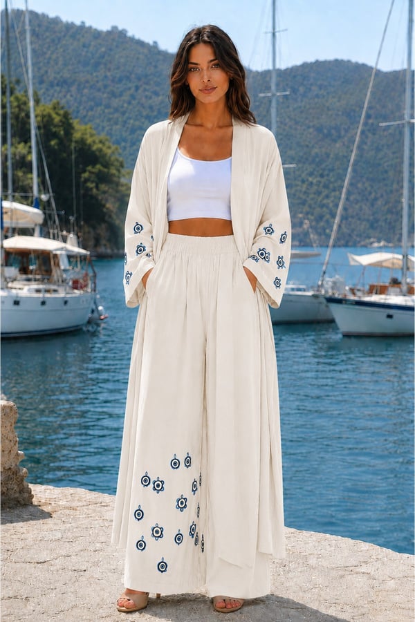 Premium Kadın Nazar Boncuk Desenli Kimono & Bol Paça Pantolon Takımı | One Size | STD Beden