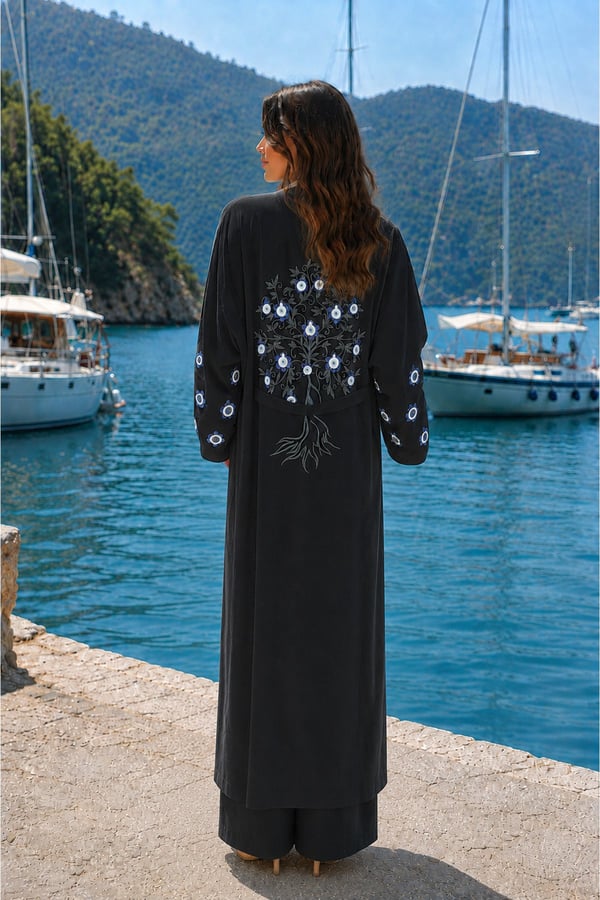 Premium Kadın Nazar Boncuk Desenli Kimono & Bol Paça Pantolon Takımı | One Size | STD Beden