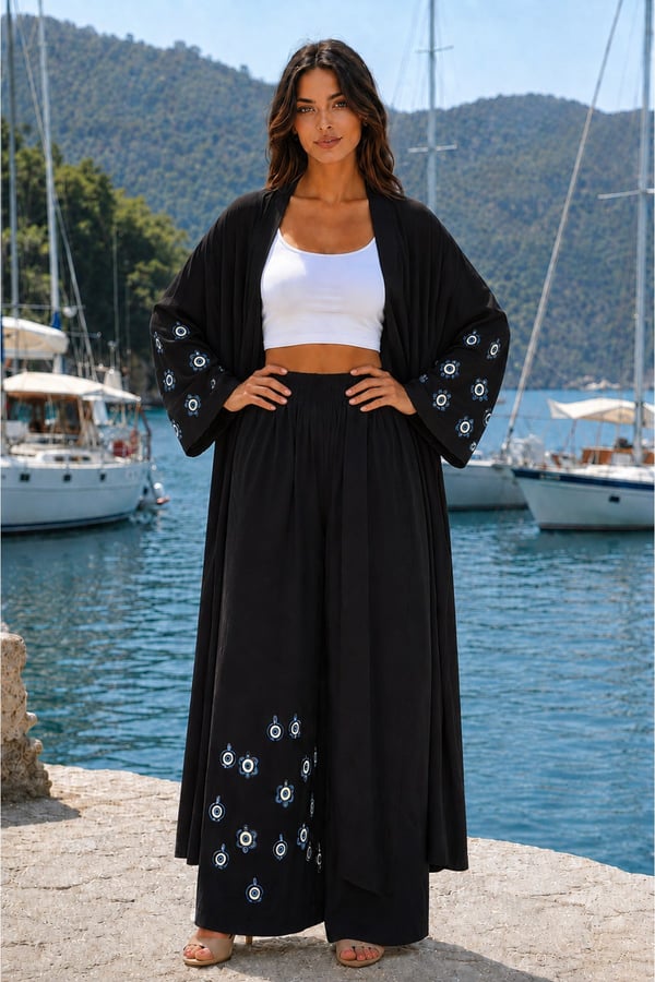 Premium Kadın Nazar Boncuk Desenli Kimono & Bol Paça Pantolon Takımı | One Size | STD Beden