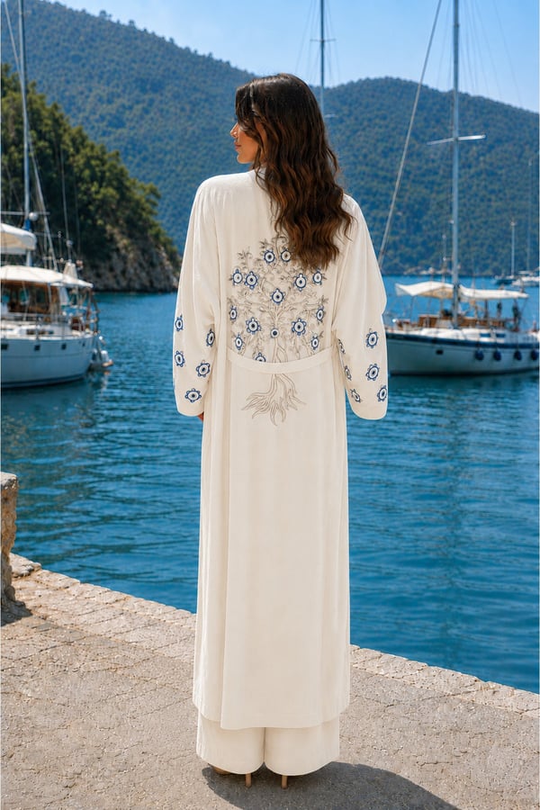 Premium Kadın Nazar Boncuk Desenli Kimono & Bol Paça Pantolon Takımı | One Size | STD Beden