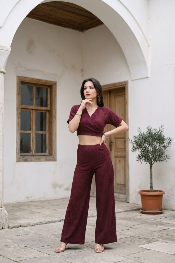 V Yaka Bubble Crop Günlük Takım