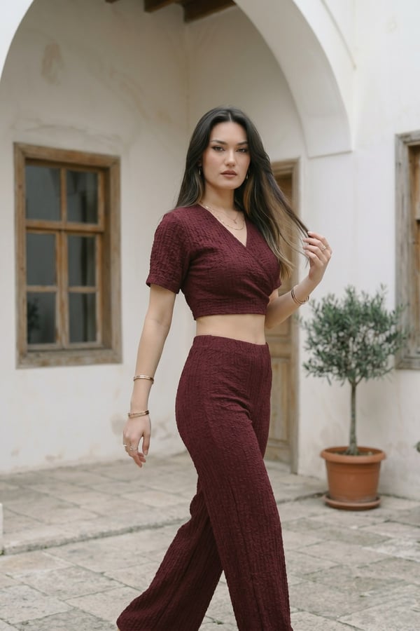 V Yaka Bubble Crop Günlük Takım