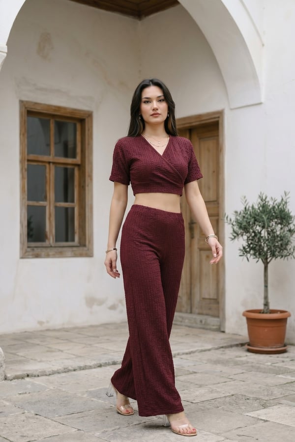 V Yaka Bubble Crop Günlük Takım