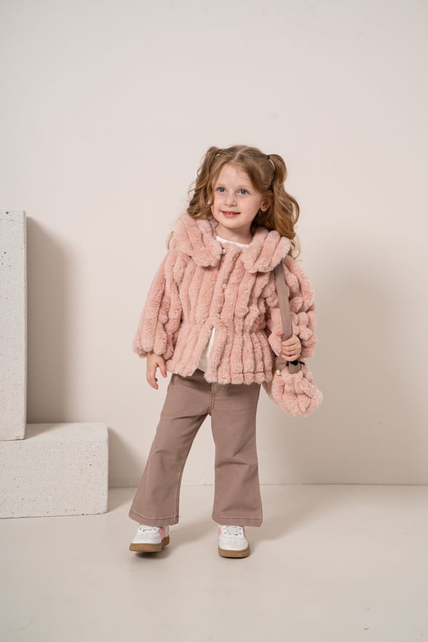  Kız Bebek & Çocuk Peluş Ceketli Pantolonlu ve Çantalı 4'lü Takım