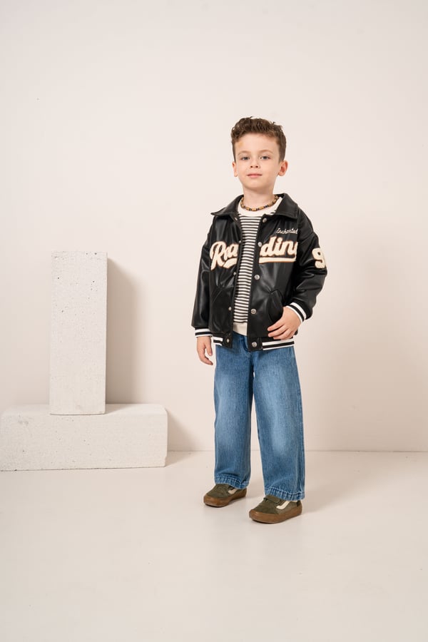 Erkek Bebek & Çocuk Çizgili Sweat Deri Ceketli Kot Pantolon 3'lü Takım