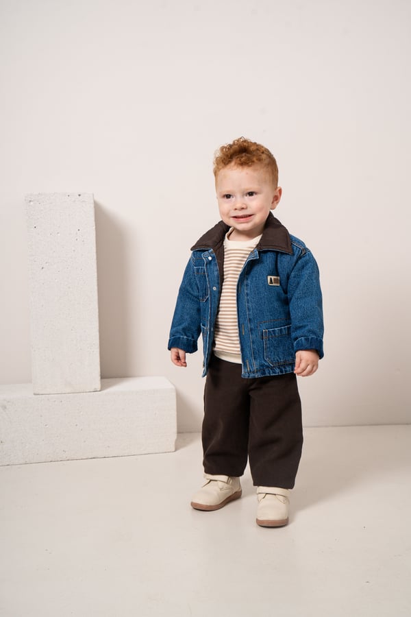 Erkek Bebek & Çocuk Orijinal Denim Kot Ceket Çizgili Sweat Pantolon 3'lü Takım